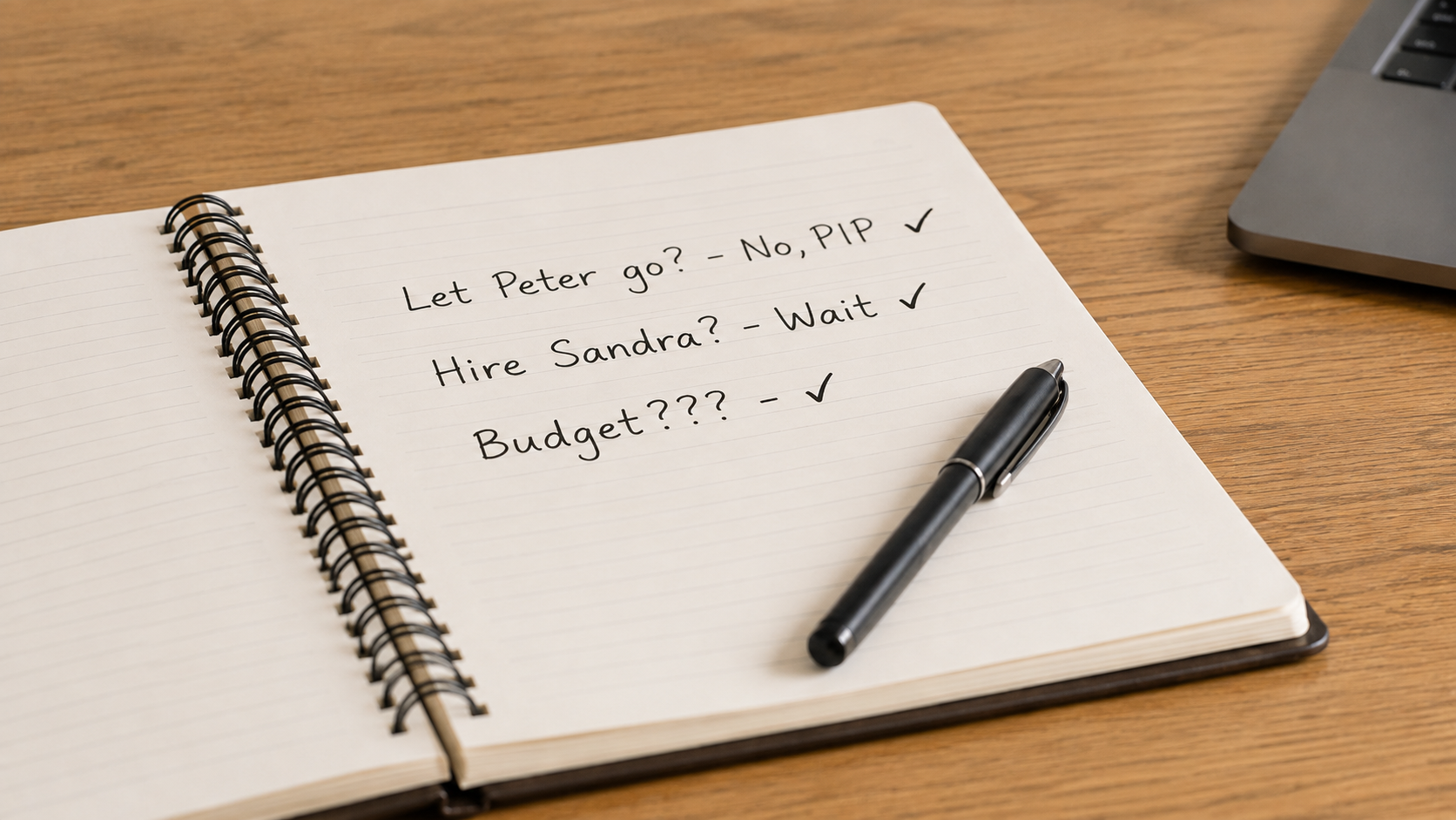 The same notebook page from the top of this page, now answered: Let Peter go? No, PIP. Hire Sandra? Wait. Budget??? checked.