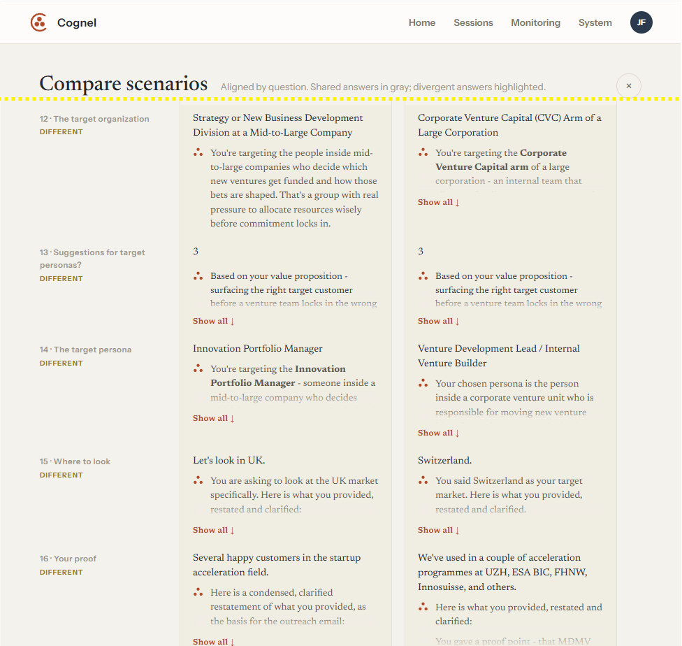 Compare scenarios in Cognel: two MDMV scenarios aligned question by question, one targeting a new business development division, the other a corporate venture capital arm, with divergent answers marked.