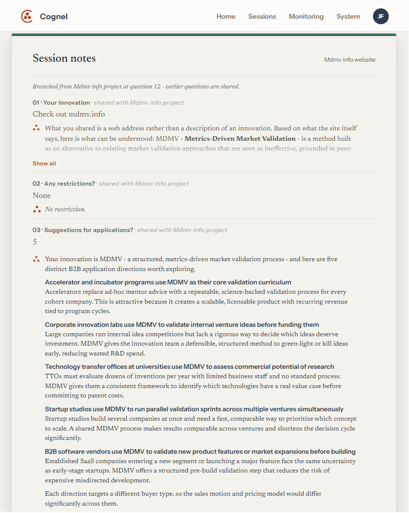Session notes from an MDMV session: the innovation described, restrictions, and five distinct B2B application directions with the reasoning for each.